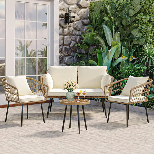 Outdoor Patio Furniture Set 4 Pieces PE Rattan Wicker Sofa Set w/ Dining Table for Backyard, Pool, Deck, Garden - Beige