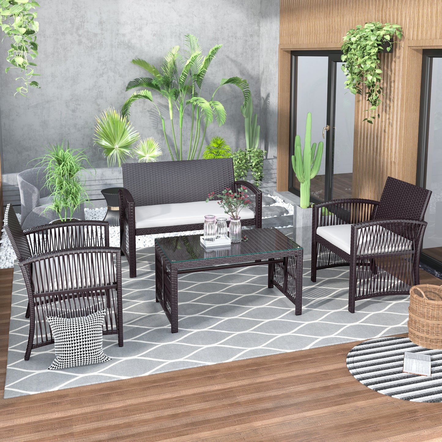 4Pcs Outdoor Patio Furniture Set 3 Rattan Chair Sofa &1 Coffee Table for Garden Backyard Porch&Poolside Gray[US-Stock]
