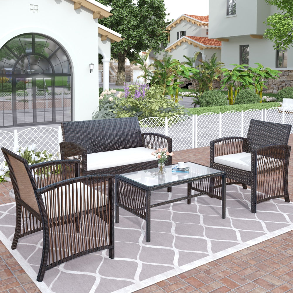 4Pcs Outdoor Patio Furniture Set 3 Rattan Chair Sofa &1 Coffee Table for Garden Backyard Porch&Poolside Gray[US-Stock]