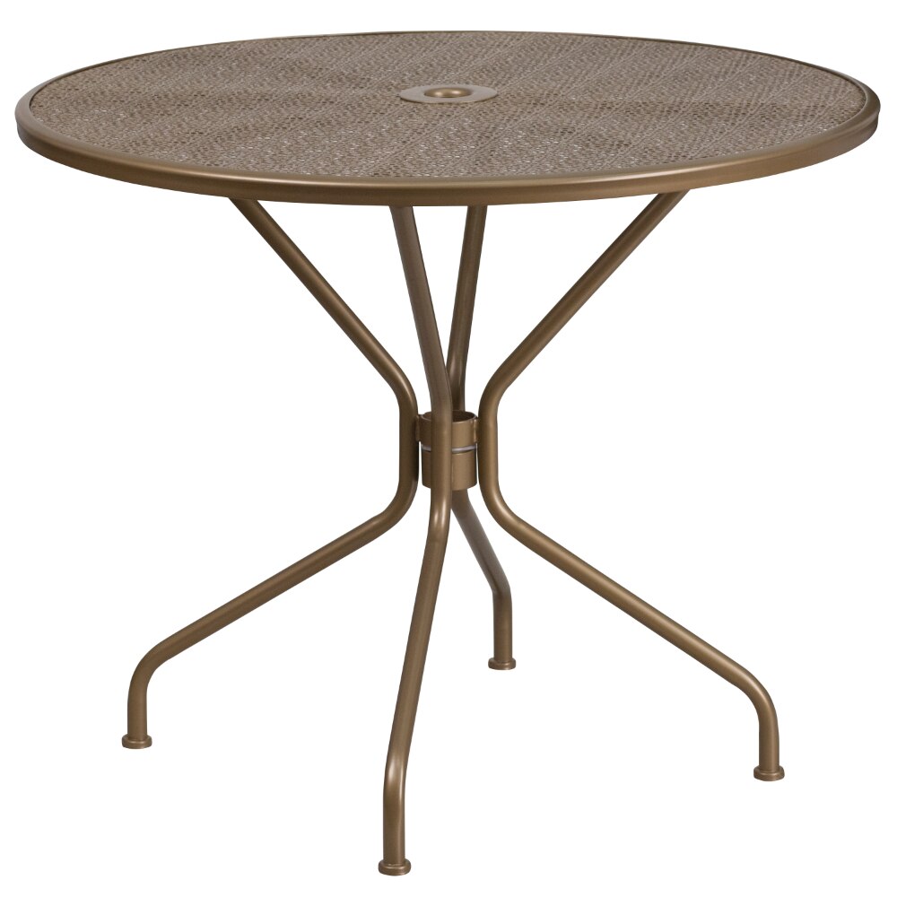 Commercial Grade 35.25" Round Gold Indoor-Outdoor Steel Patio Table with Umbrella Hole
