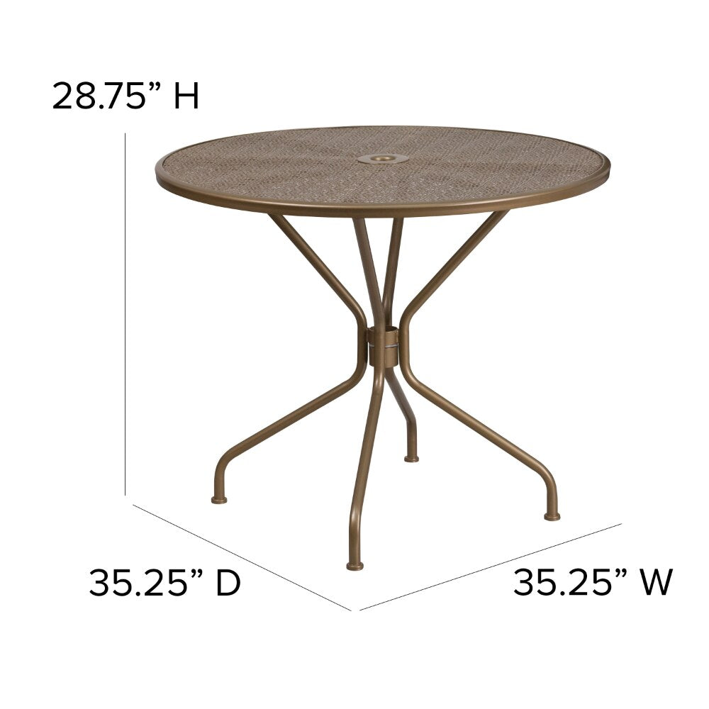 Commercial Grade 35.25" Round Gold Indoor-Outdoor Steel Patio Table with Umbrella Hole