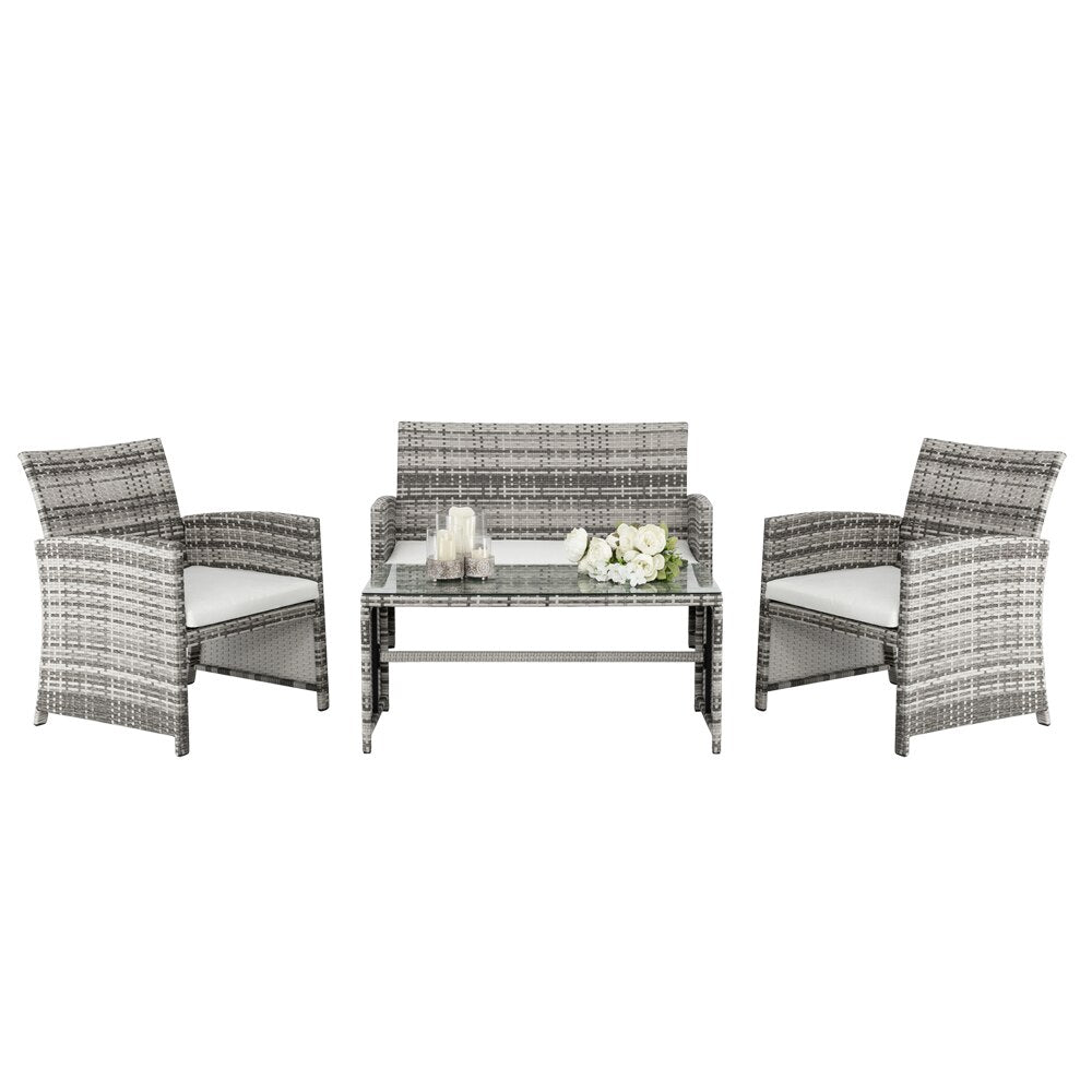 3pcs Wicker Rattan Patio Outdoor Furniture Conversation Sofa Bistro Set Garden Cushioned Sofa Sets Coffee Table 2 Chairs Striped
