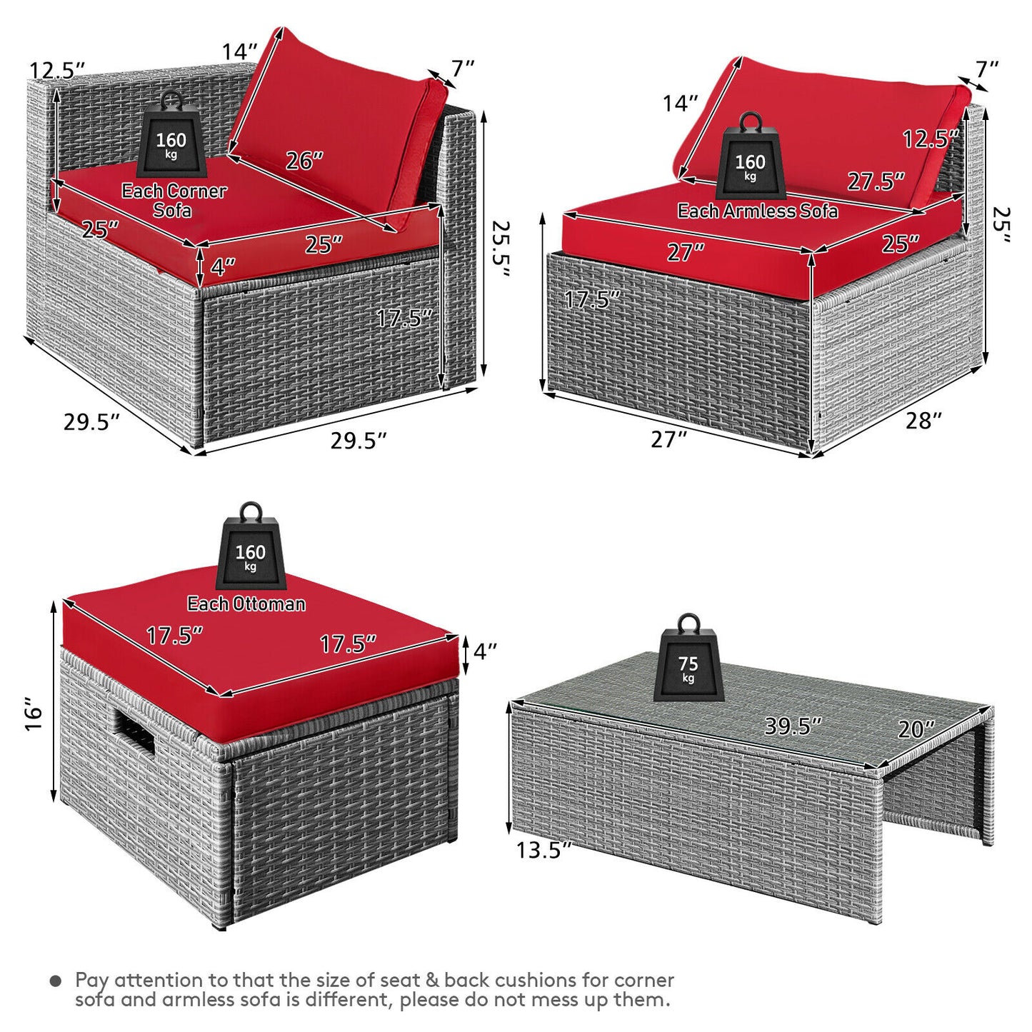 Patiojoy 8PCS Patio Rattan Furniture Set Storage Waterproof Cover Red Cushion