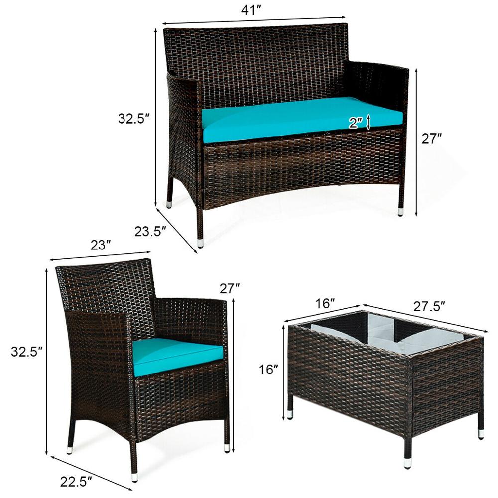 4PCS Rattan Patio Furniture Set Cushioned Sofa Chair Coffee TableTurquoise HW63214
